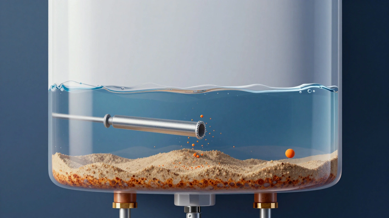 3D diagram of a water heater tank showing sediment and an anode rod