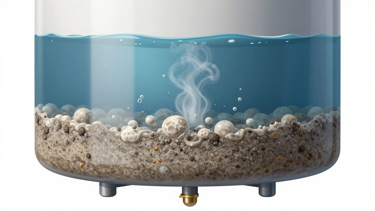 A cross-section of a water heater tank showing sediment buildup at the bottom