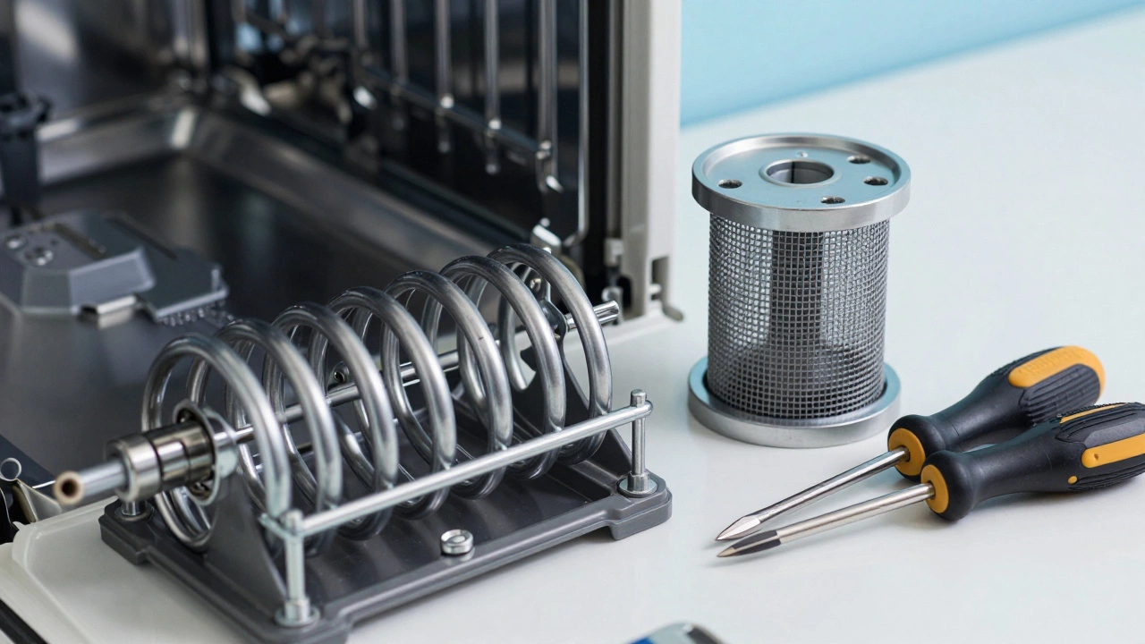 A dishwasher heating element and filter on a workbench with tools