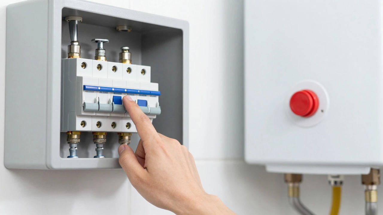 A hand checking a tripped circuit breaker and a water heater reset button