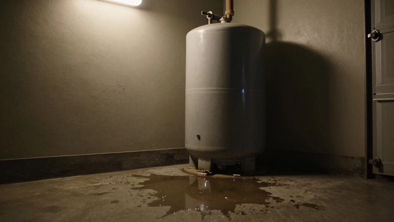 A leaking old water heater with a puddle of water on a concrete floor