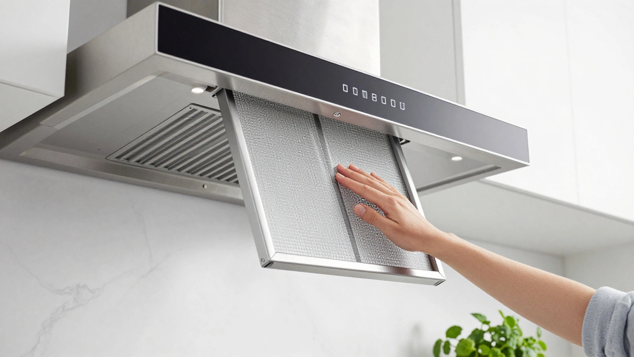 A person removing a clean metal filter from a modern stainless steel range hood