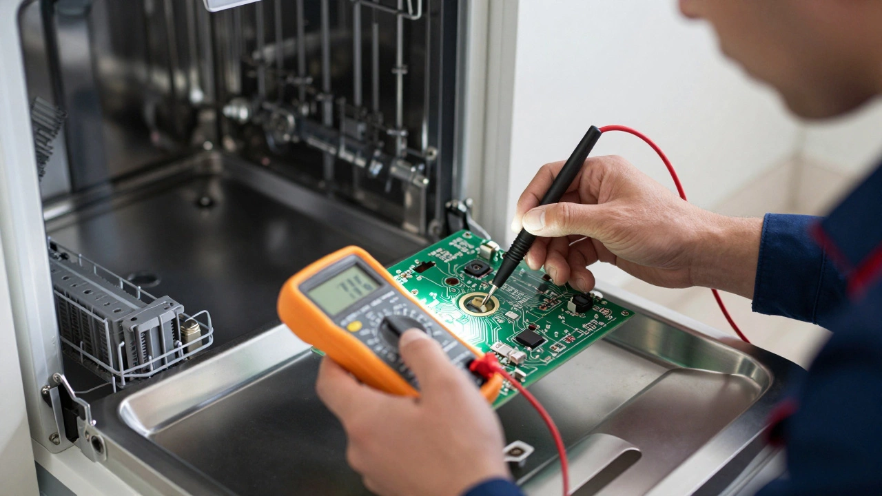A technician using a multimeter to test a dishwasher control board