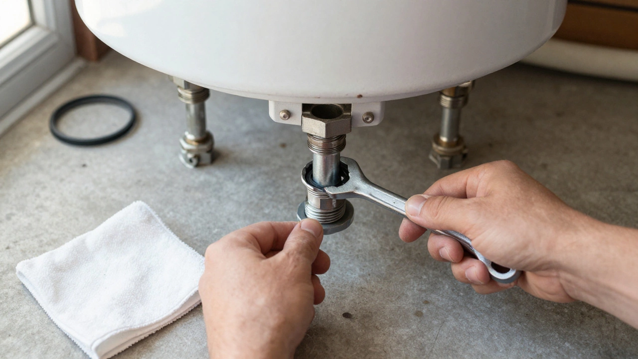 Close-up of a person using a socket wrench to install a new anode rod into a water heater.