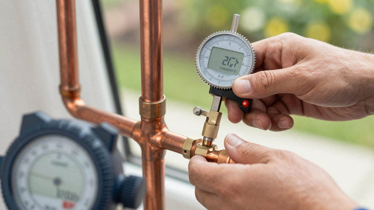 Close-up of a technician using a vacuum pump and micron gauge on copper pipes