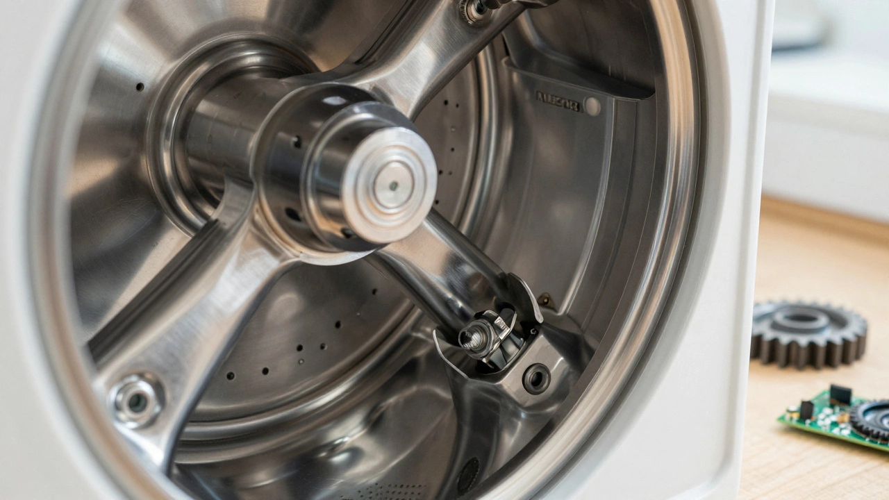 Close-up of durable stainless steel appliance components and industrial bolts.