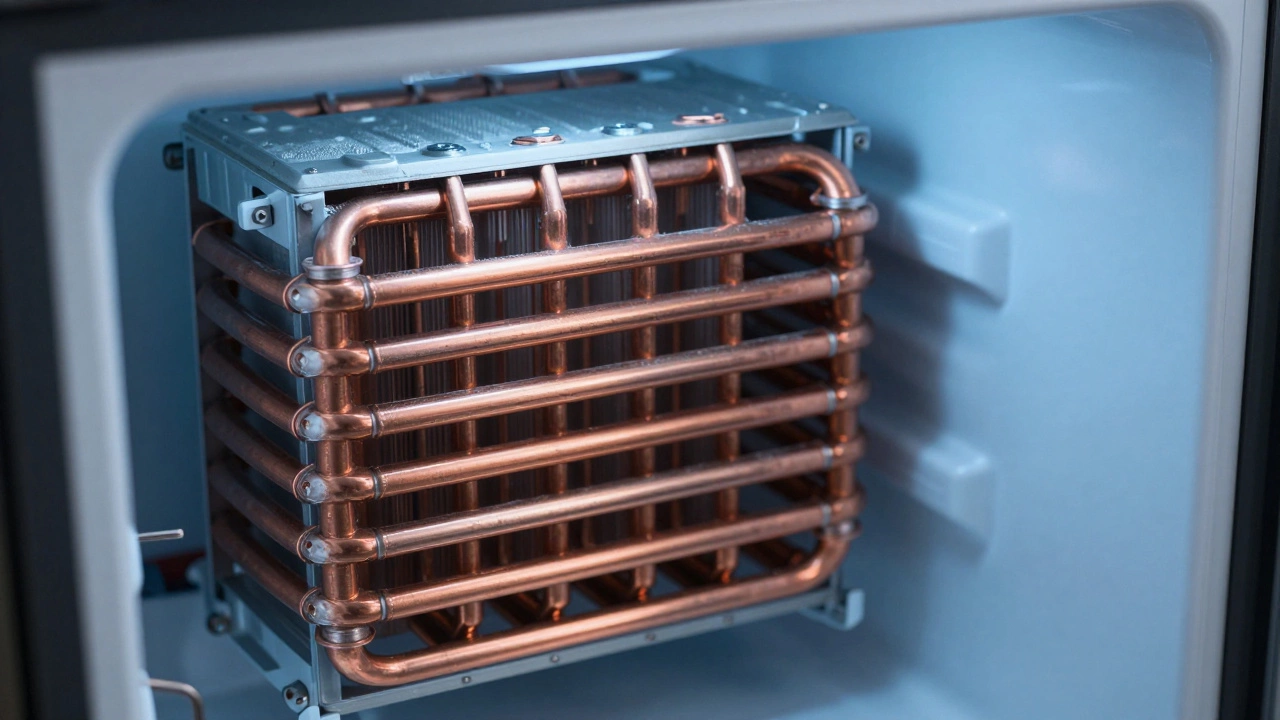 Close-up of refrigerator condenser coils showing heat extraction process