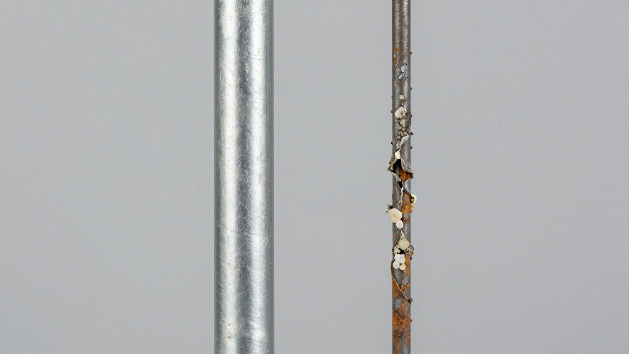 Comparison between a healthy thick anode rod and a depleted thin rusted wire rod