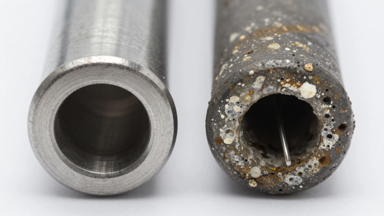 Comparison of a new smooth anode rod and a severely corroded rod with pitting and calcium buildup.