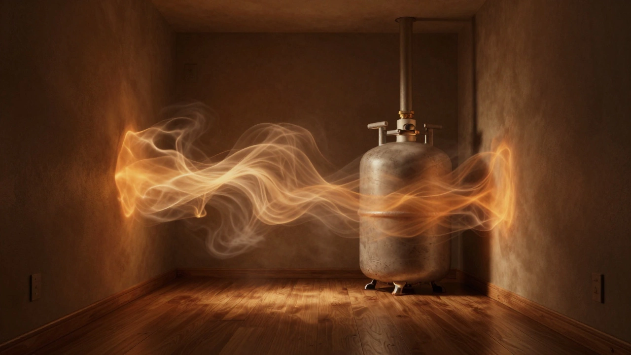 Conceptual visualization of gas leaking as amber mist through a house structure.