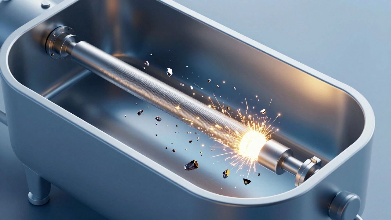 Cross-section of a water heater tank showing a sacrificial anode rod protecting the walls