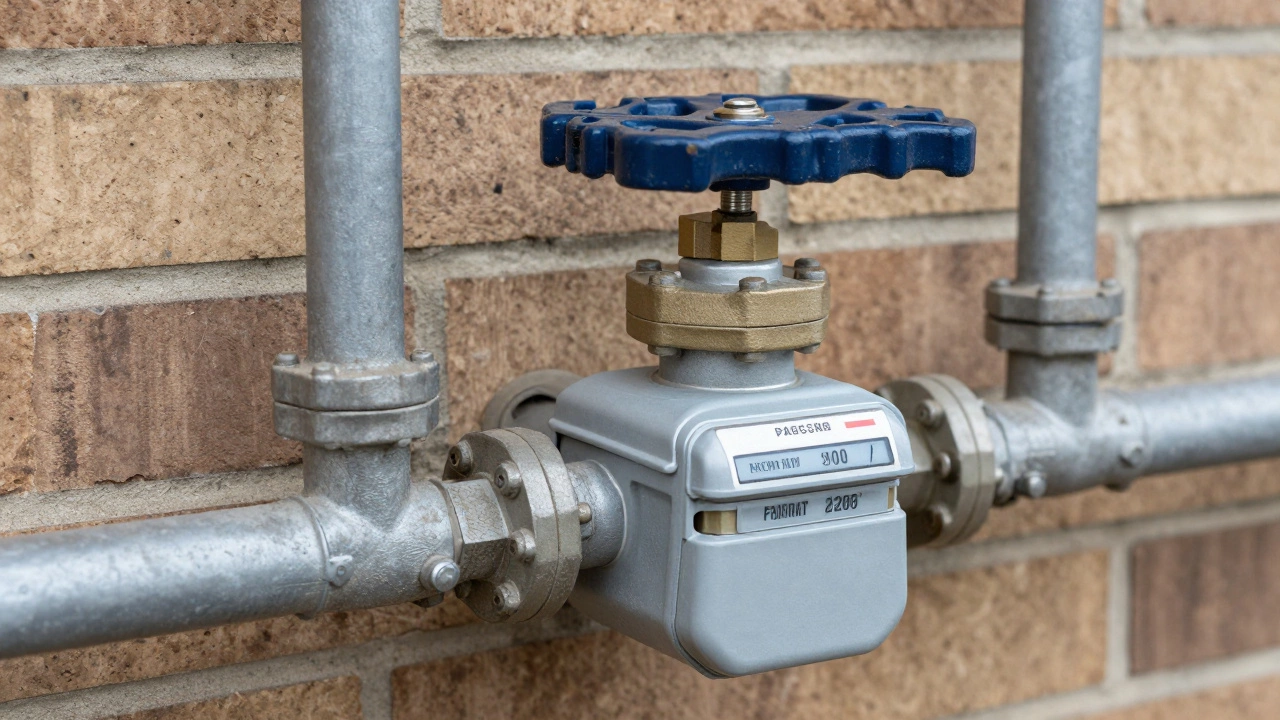 External residential gas meter and shut-off valve installed on a brick wall.