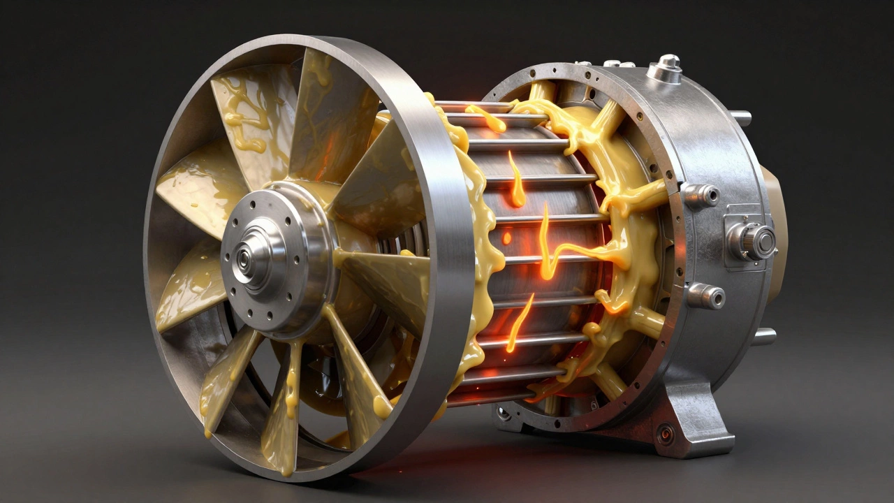 Internal view of a fan motor with grease buildup and overheating components