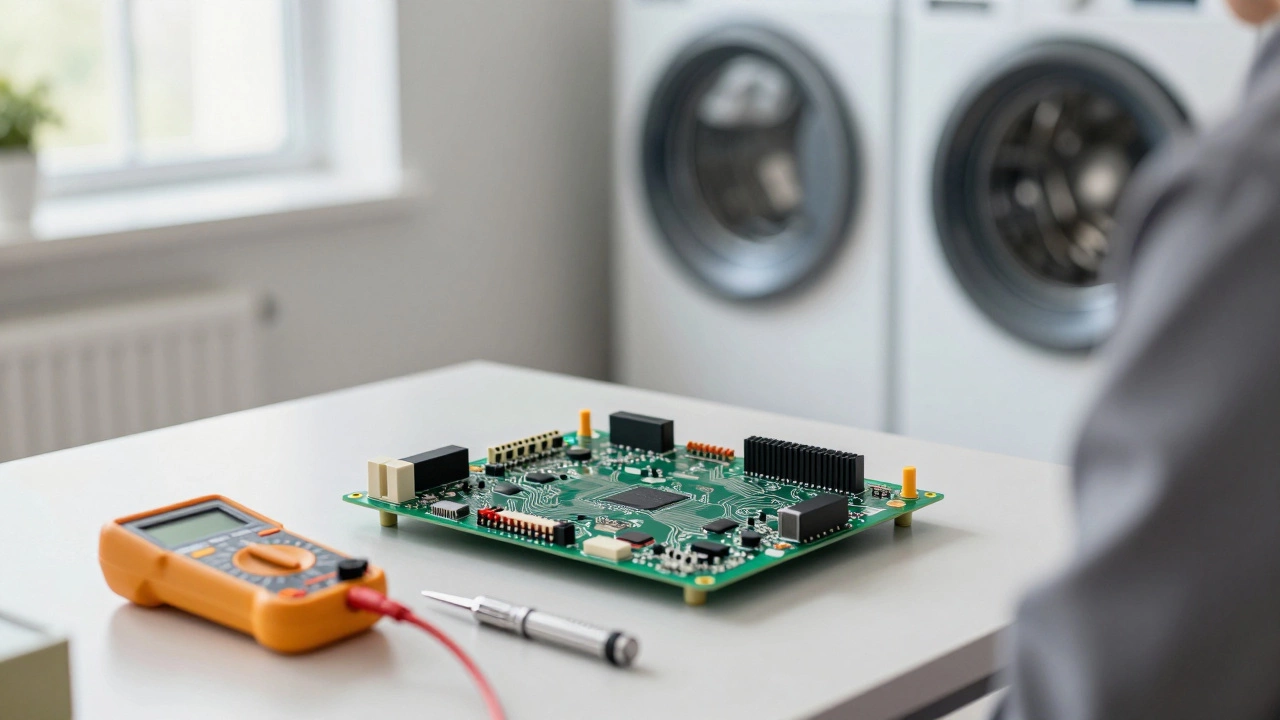 Technician's tools and a circuit board on a workbench for appliance repair