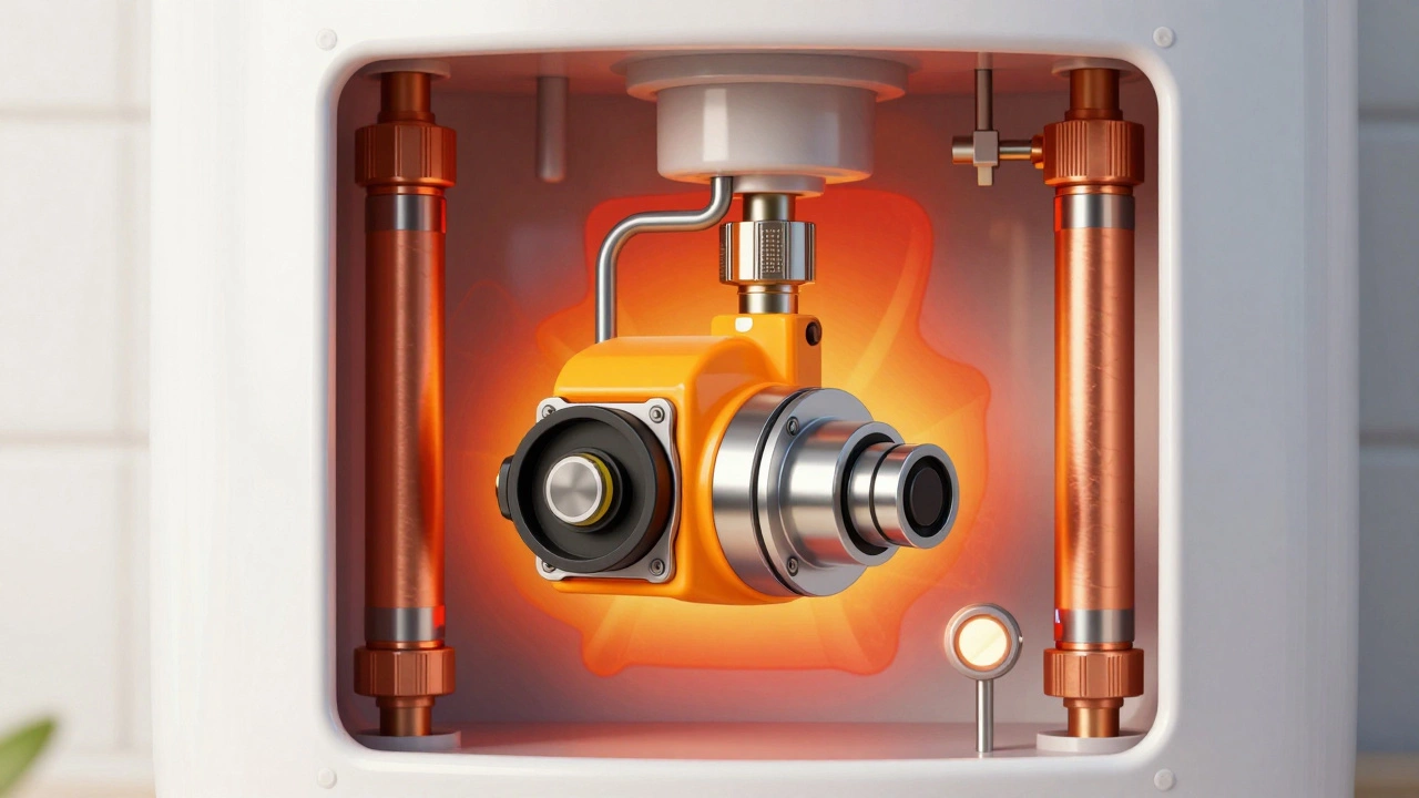 Close-up of electric water heater thermal fuse and elements
