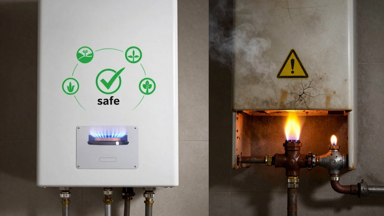 Comparison of safe blue-flame boiler vs dangerous yellow-flame unit.
