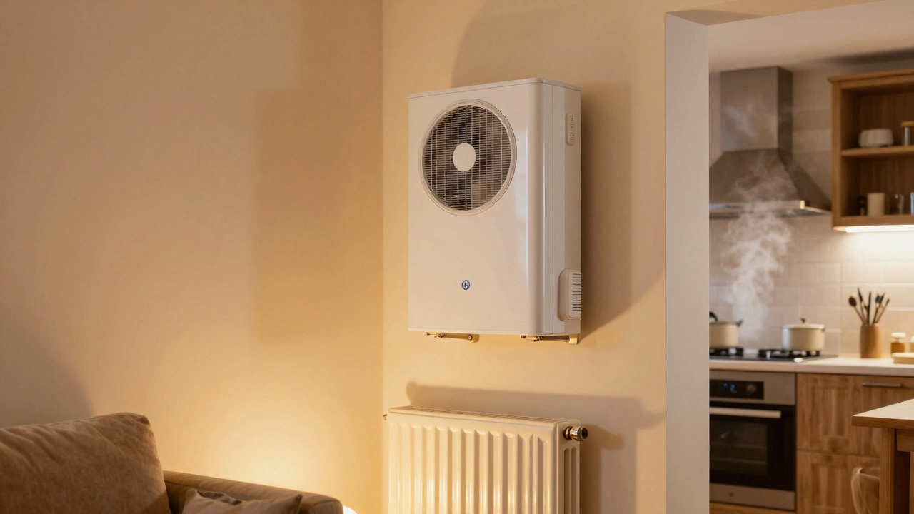 Cozy living room with heat pump and radiators providing warmth