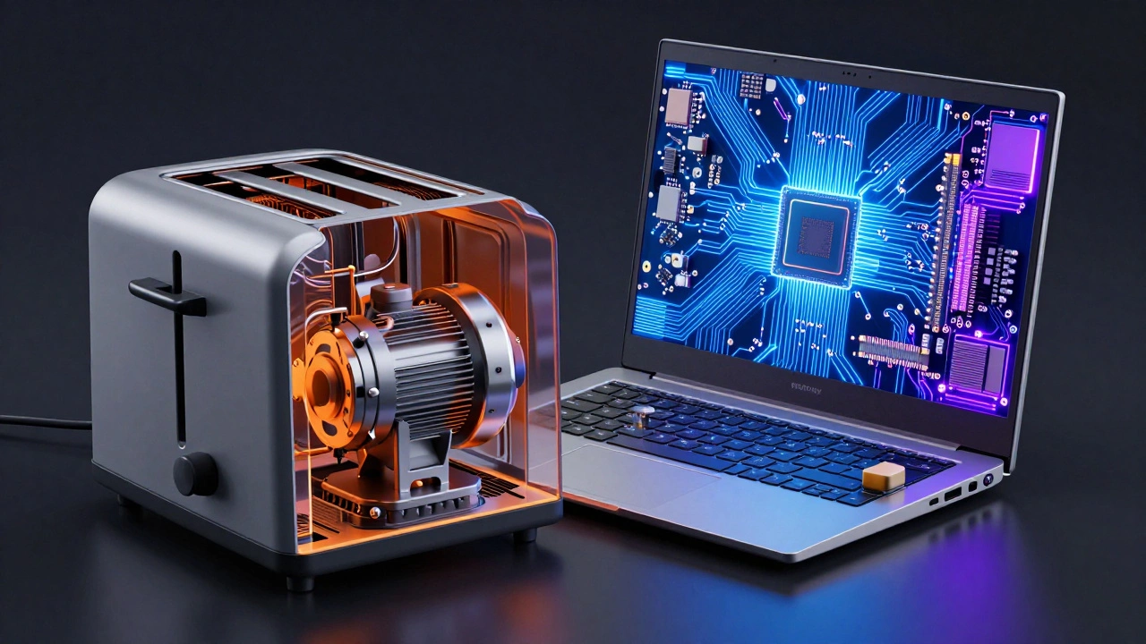 Cutaway view contrasting simple appliance mechanics with complex laptop circuitry.