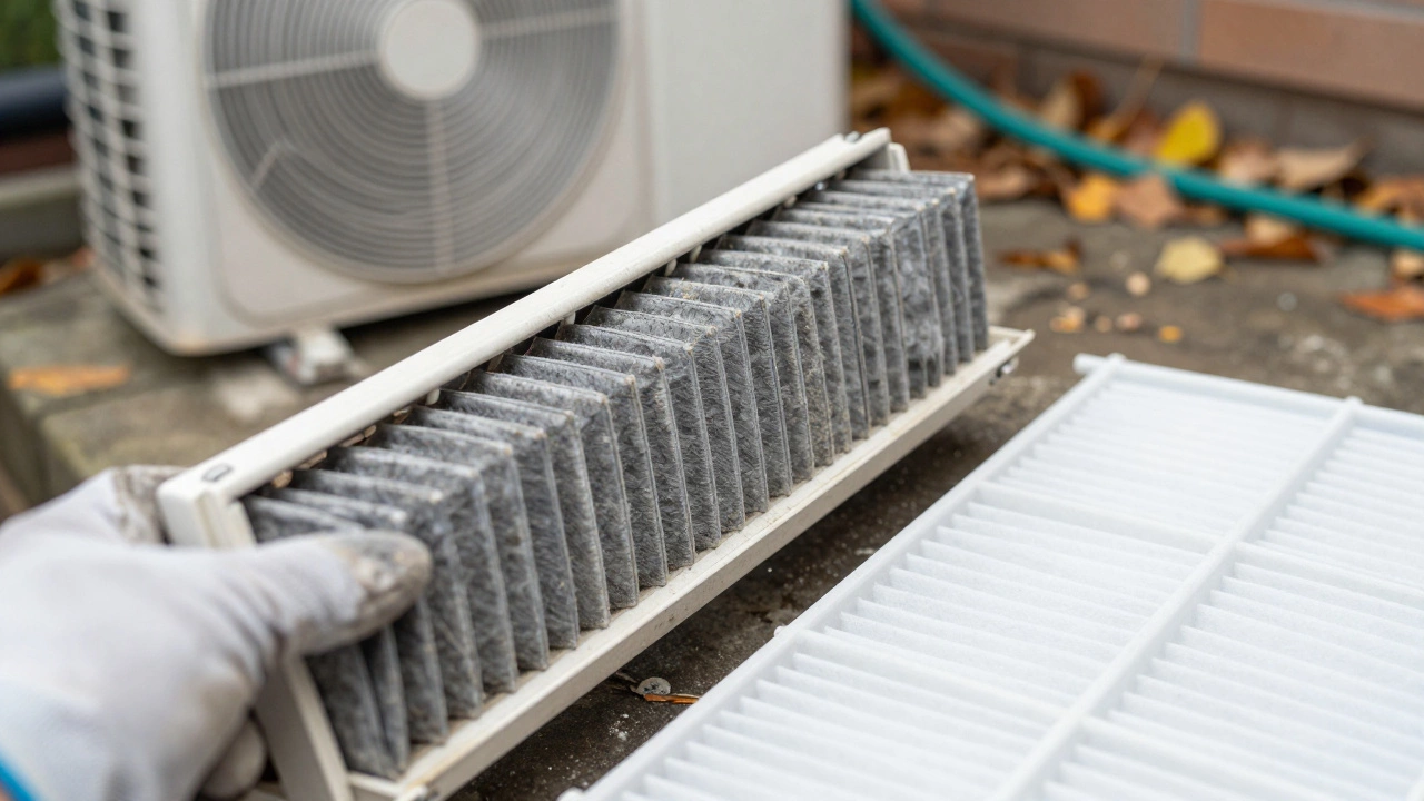 Dirty air filter removed from heat pump next to a clean replacement filter