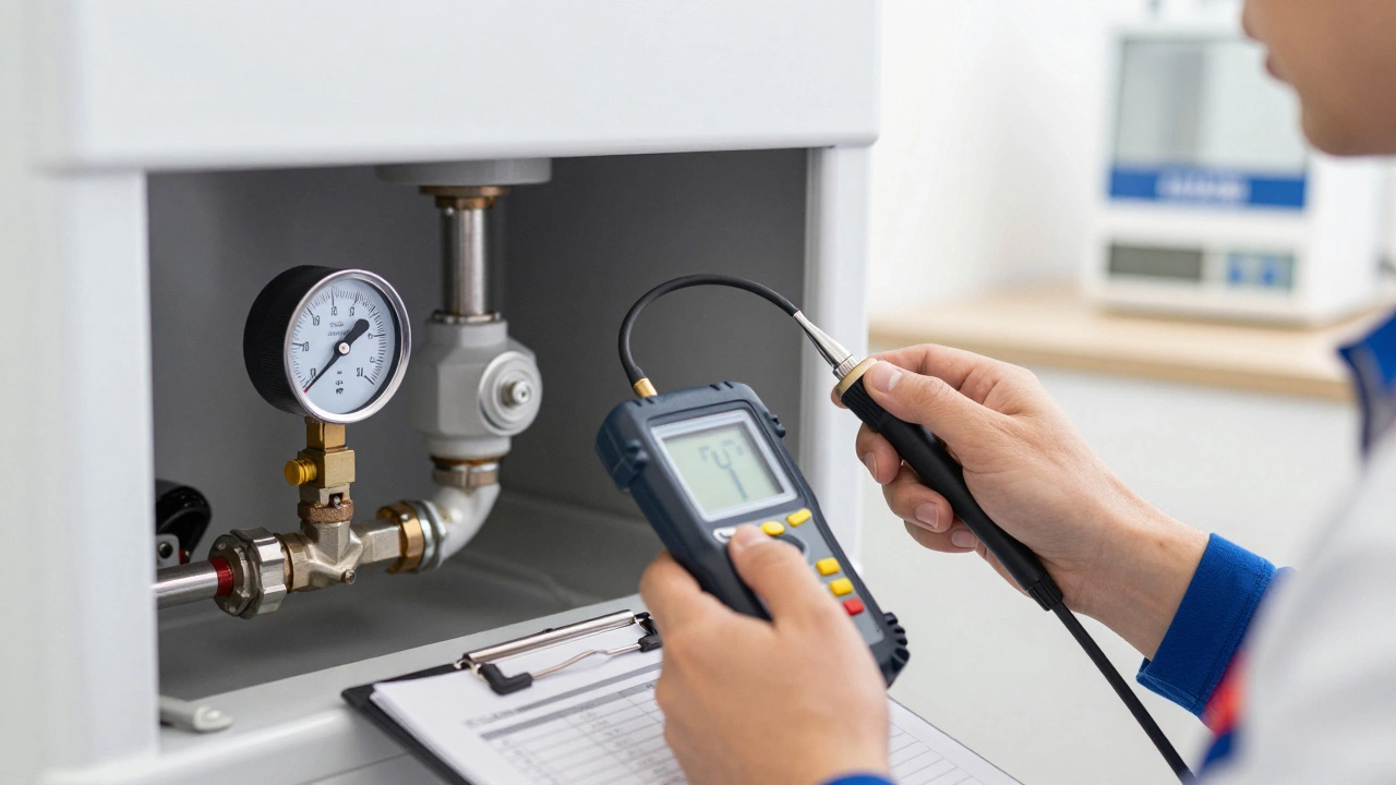 Engineer using flue gas analyzer to service a home boiler safely.