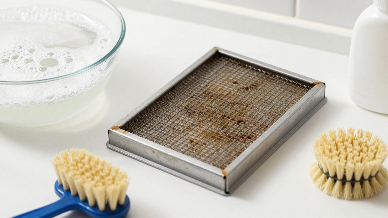 Greasy metal filter being cleaned with soap and brush on counter