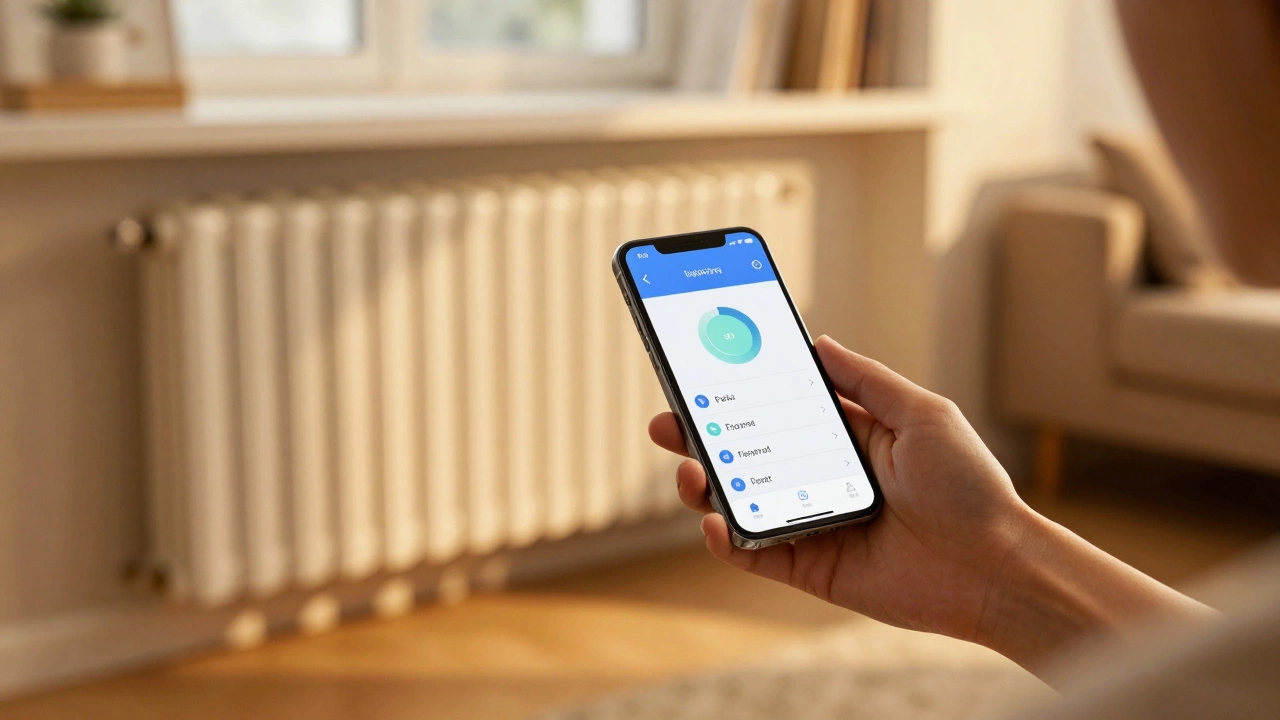Hand using smartphone to control smart thermostat in a warm, sunny living room