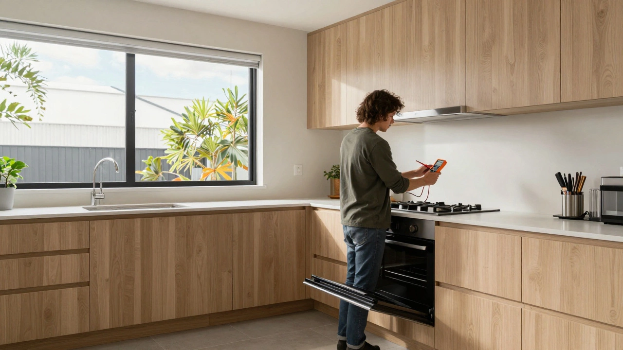 Homeowner inspecting an oven connection with a multimeter in a bright modern kitchen.