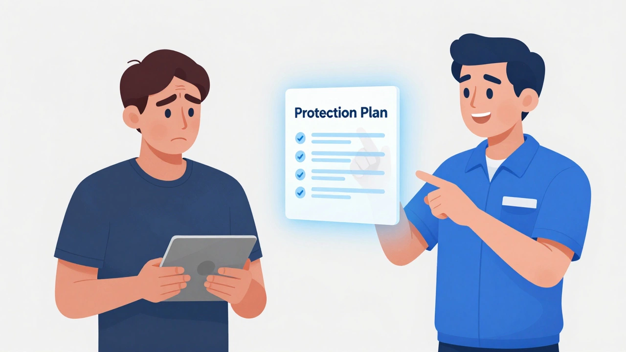 Illustration comparing a confused user with a helpful technician and protection plan