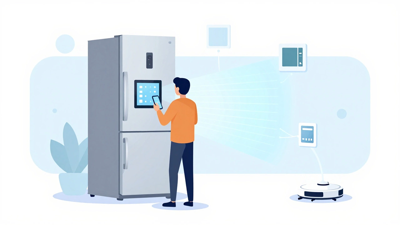 Illustration of a smart fridge with a tablet screen connected to other home devices.