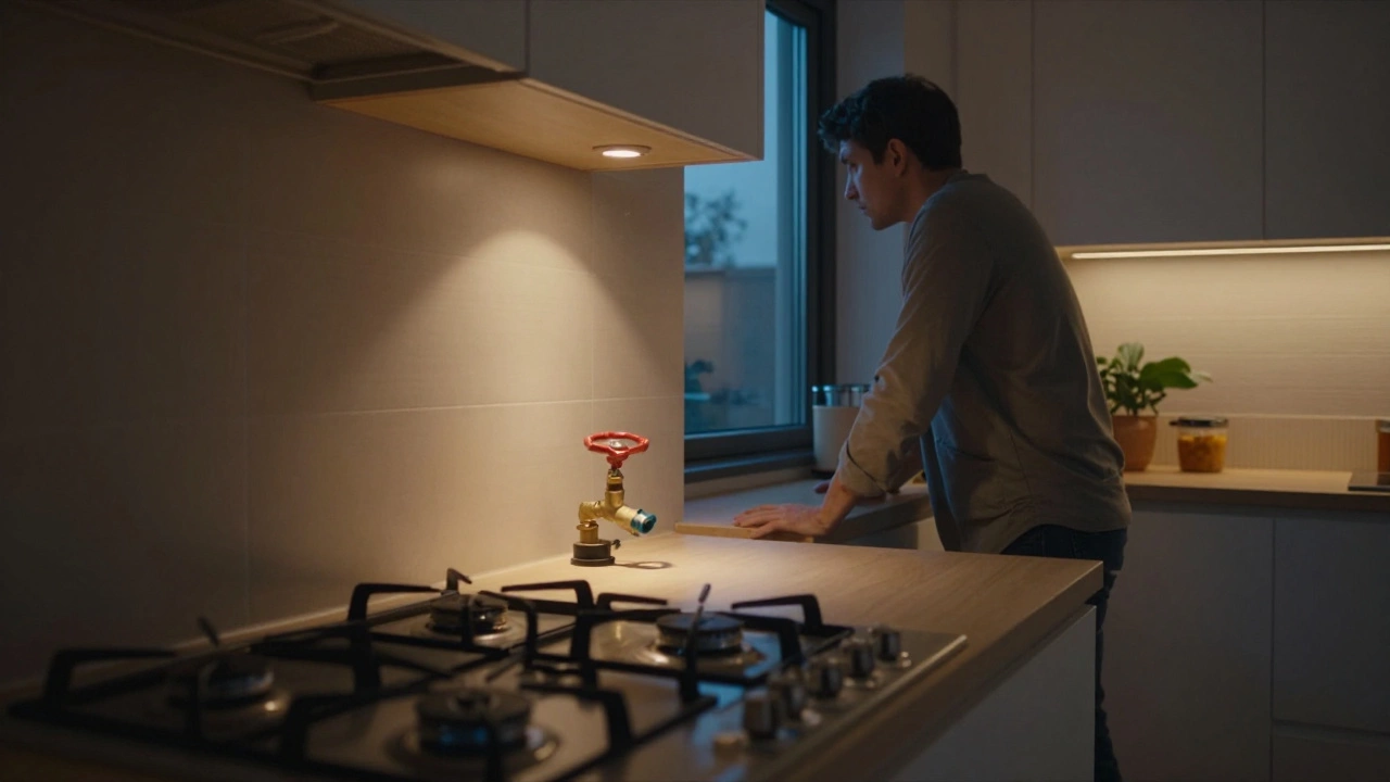 Person ventilating a kitchen with focus on the gas cooktop isolation valve.