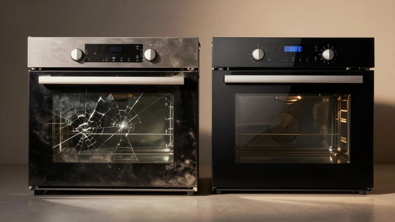 Side-by-side comparison of old damaged oven and new model