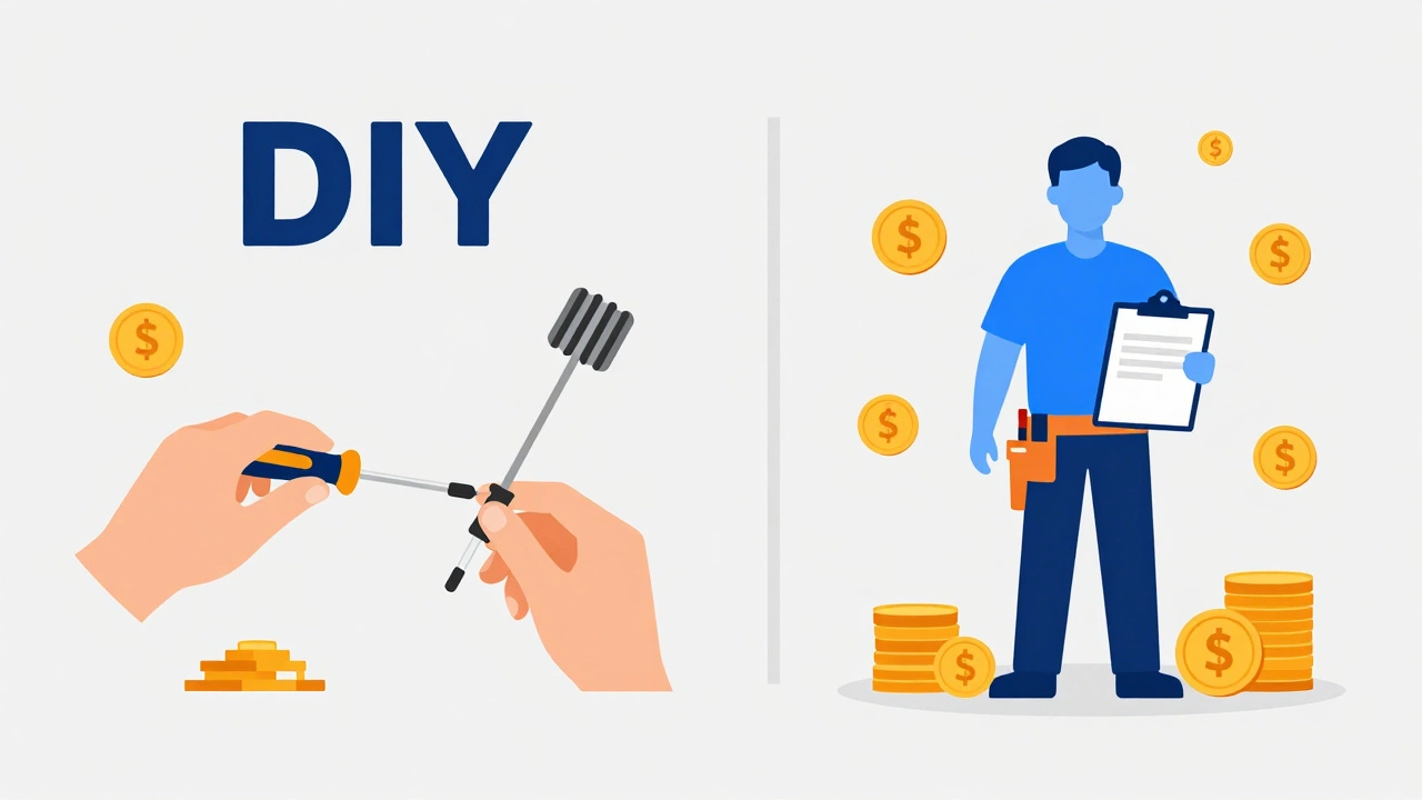Split illustration comparing low-cost DIY repair tools with higher-cost professional technician services.