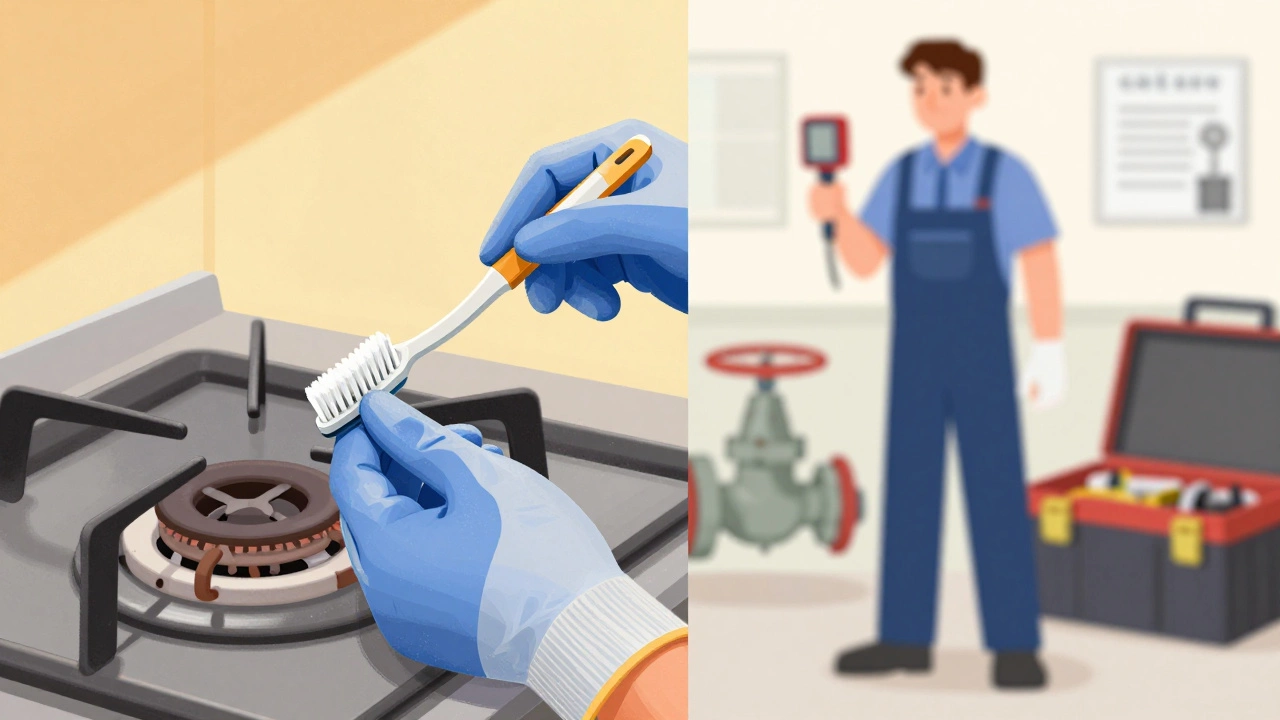 Split illustration showing DIY cleaning versus professional gas repair tools.