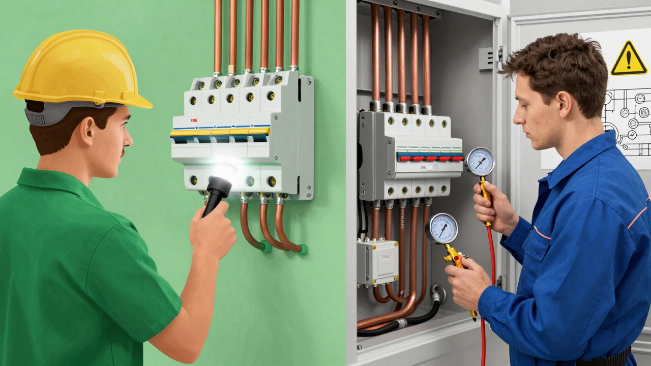 Split view comparing DIY circuit check vs professional HVAC technician work