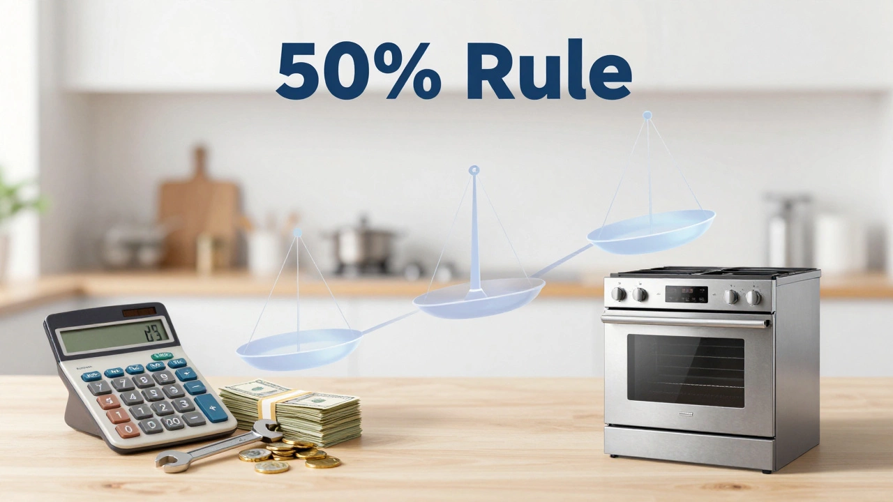 Visual metaphor comparing repair costs vs buying new appliance