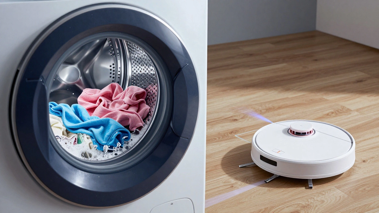 Washing machine drum spinning and robotic vacuum cleaning a wooden floor