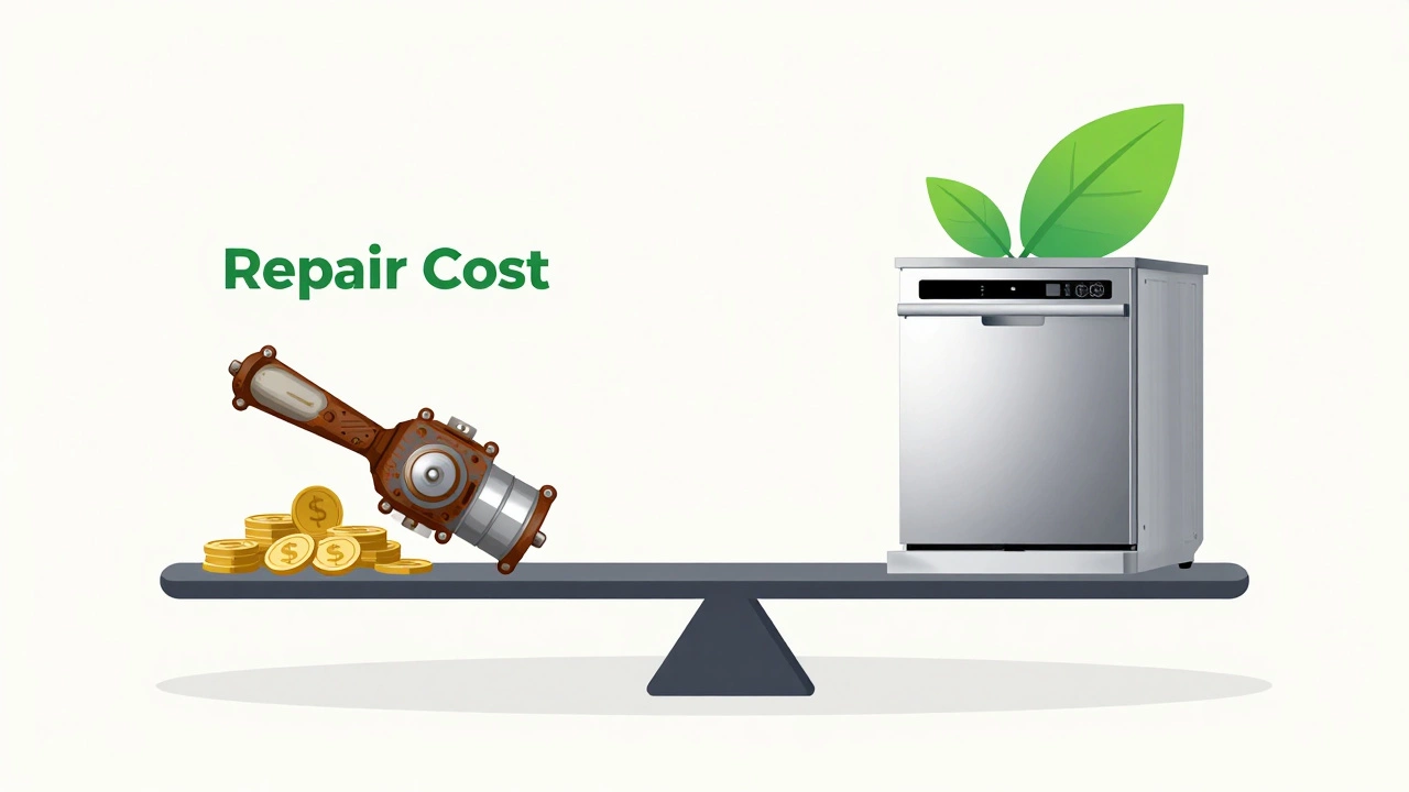 Balance scale comparing repair costs vs new efficient dishwasher