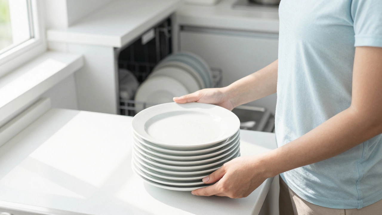Clean sparkling plates on counter with new dishwasher in background