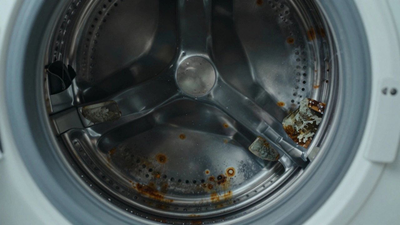 Close up of rusted drum and moldy seal in old washing machine