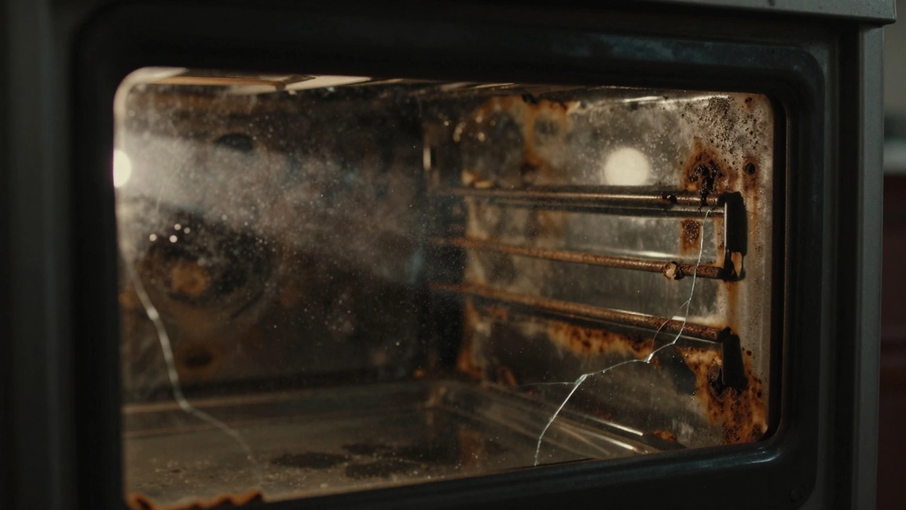 Close-up of rusty interior and cracked glass on an old, damaged oven