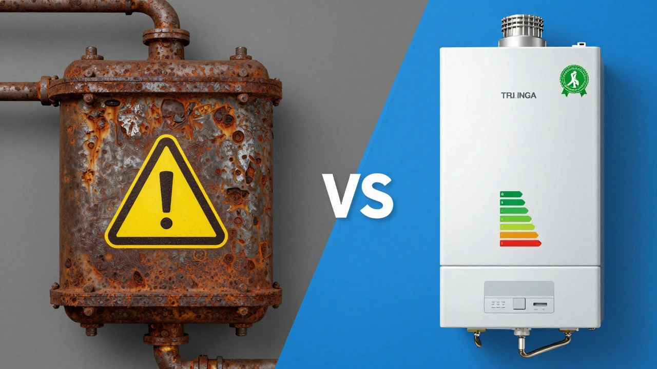 Comparison of old broken boiler part versus new efficient model