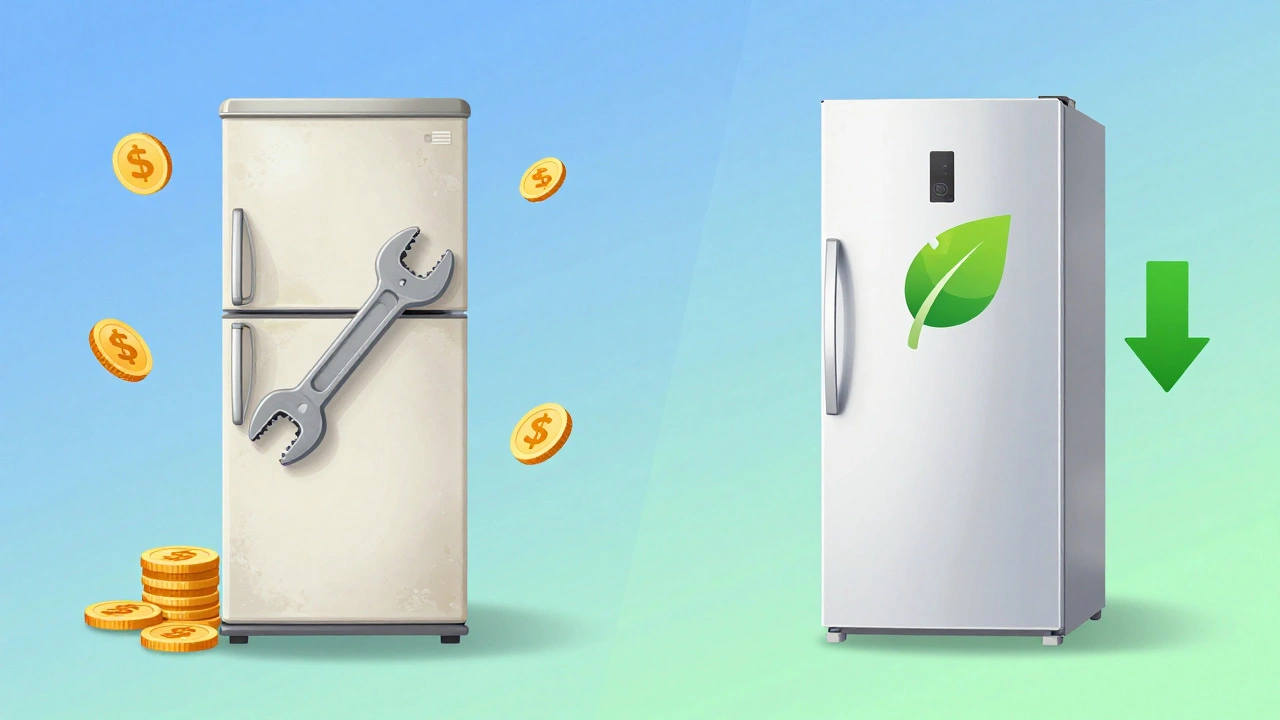 Conceptual art comparing repair costs vs new efficient fridge