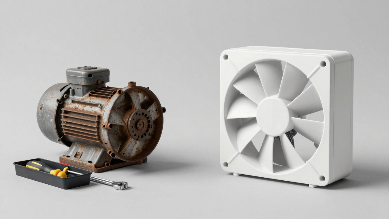 Conceptual comparison of repairing old fan parts vs buying new unit