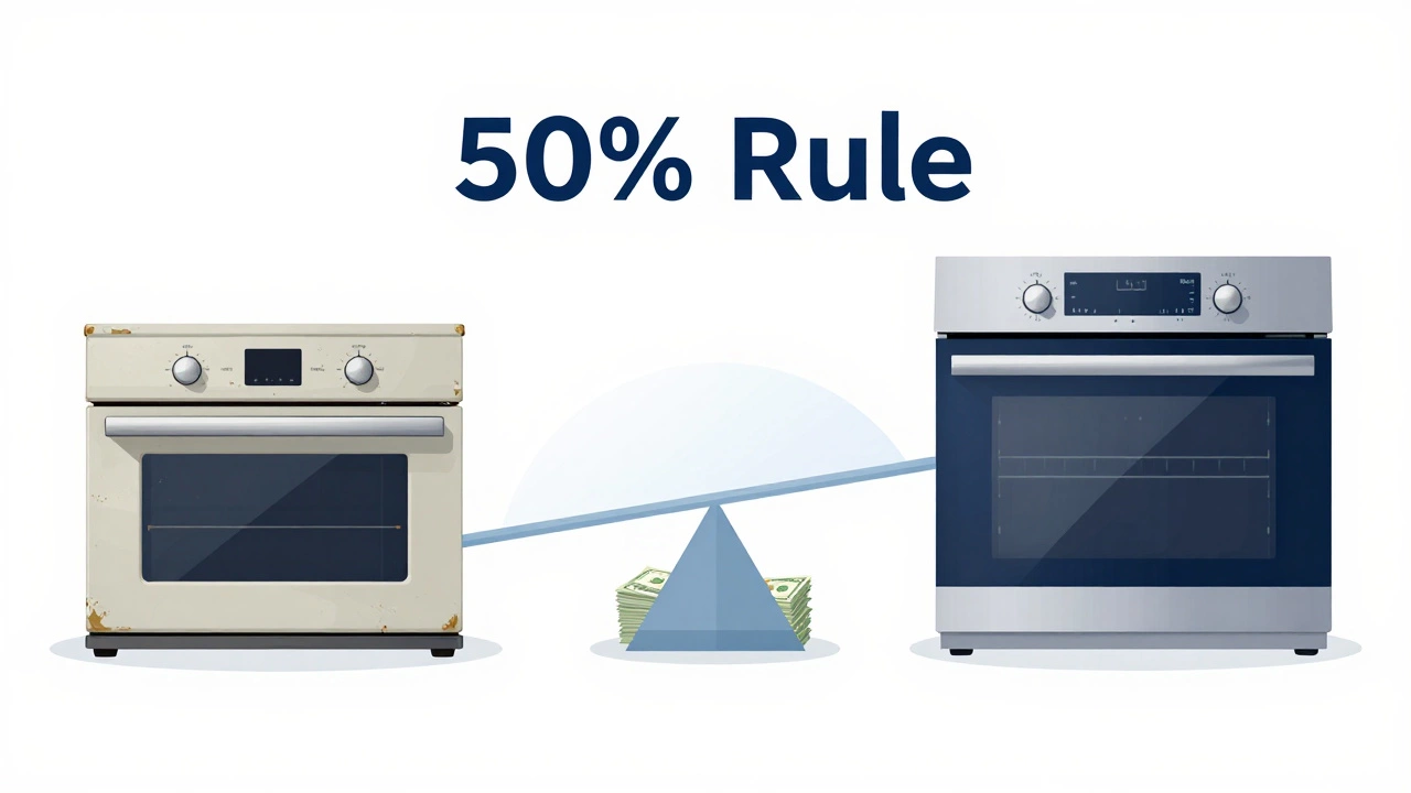 Conceptual graphic showing cost balance between repairing and replacing an oven