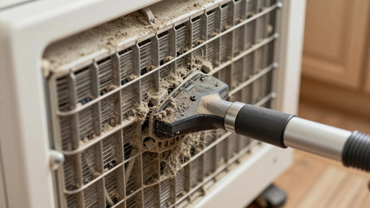 Dirty condenser coils clogged with dust and pet hair