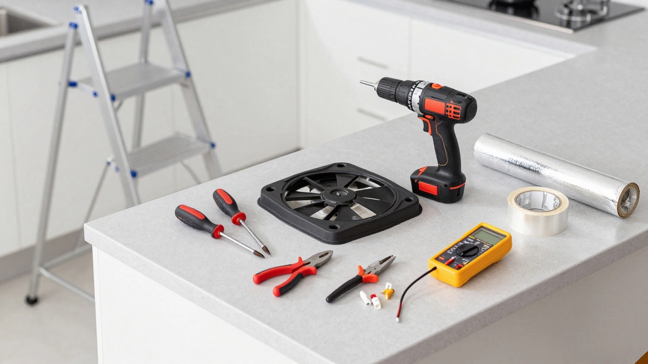 DIY tools laid out for extractor fan replacement
