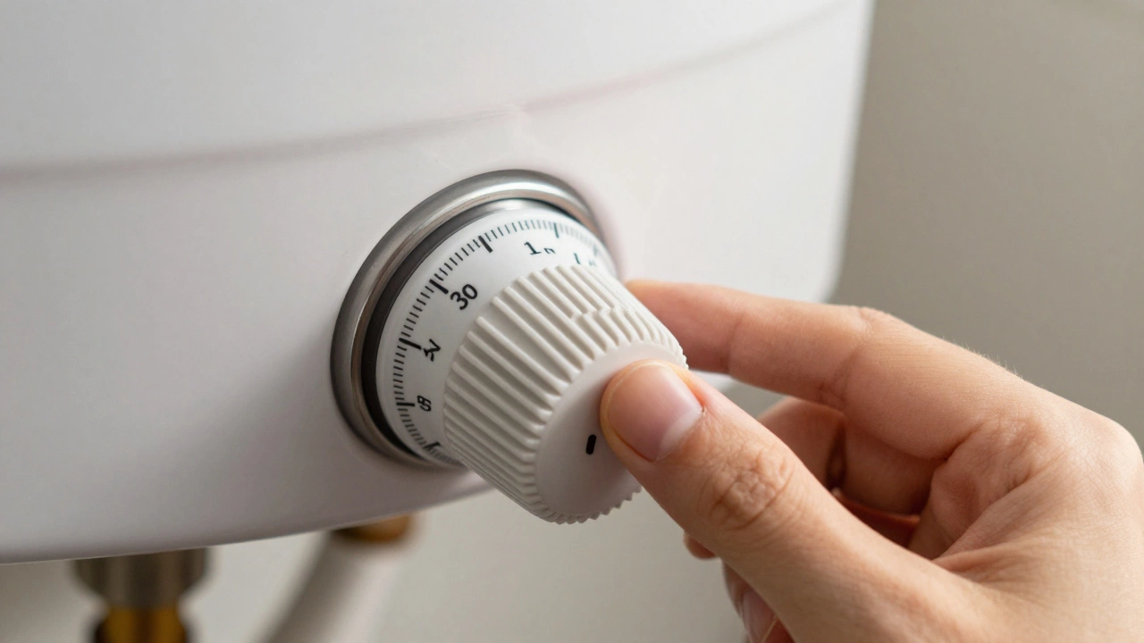 Hand turning up thermostat dial on water heater