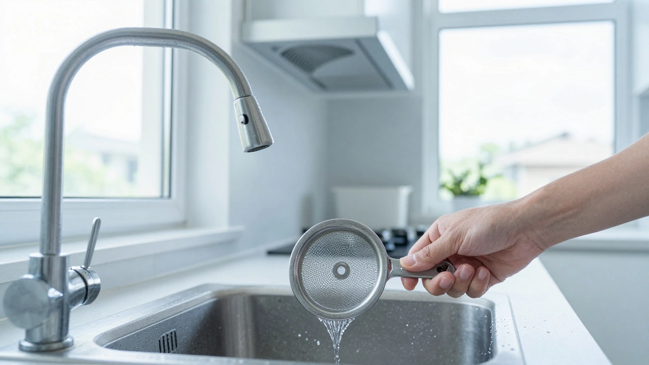 Hand washing clean metal grease filter in modern kitchen sink