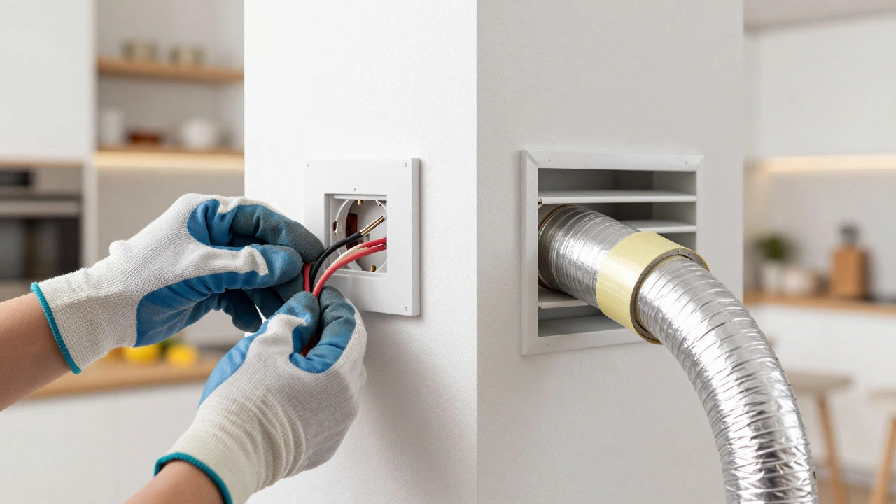 Hands connecting wires and sealing ducting for fan