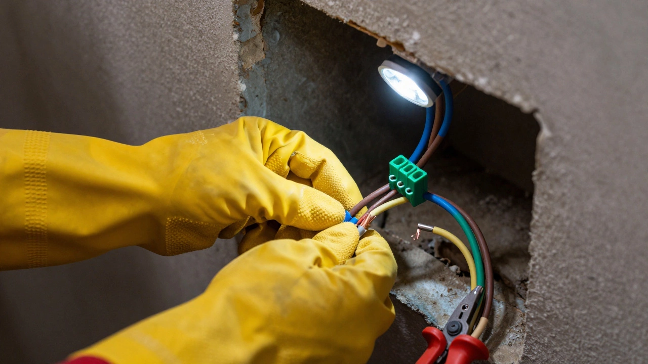 Hands in insulated gloves connecting electrical wires for a bathroom fan installation